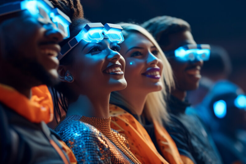 Eine Gruppe von Menschen in einem Stadion bei einem Event, die eine Augmented-Reality-Brille tragen.
