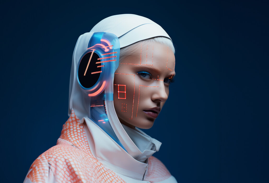 Eine Frau mit Kopftuch in einem futuristischen Outfit trägt große Kopfhörer, auf ihr Gesicht werden technische Motive projiziert.
