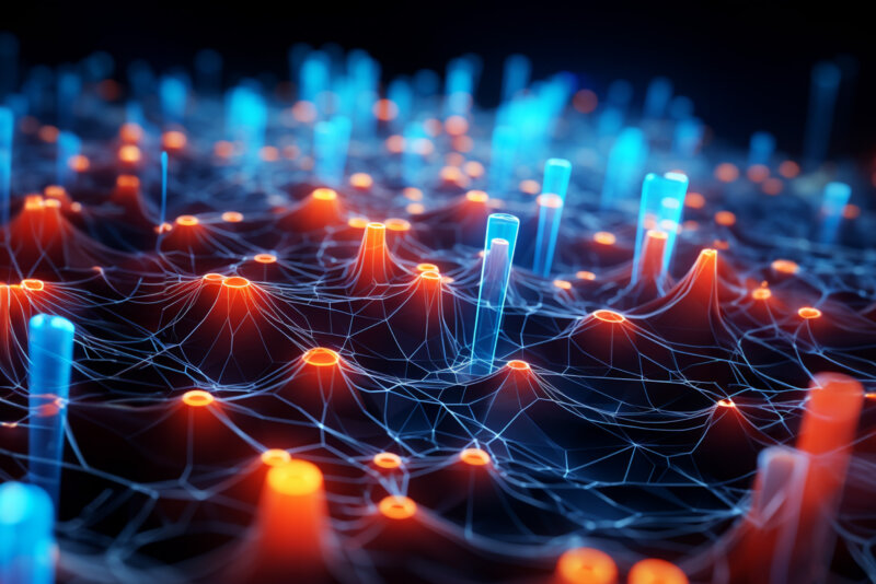 Ein 3D-Bild eines Netzwerks aus blauen und orangen Lichtern.