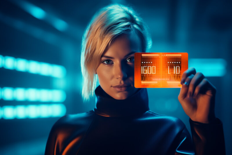 Eine Frau in einem dunklen, futuristischen Outfit hält eine leuchtende orangefarbene digitale Karte vor einem Hintergrund aus blauen und schwarzen Lichtern hoch.
