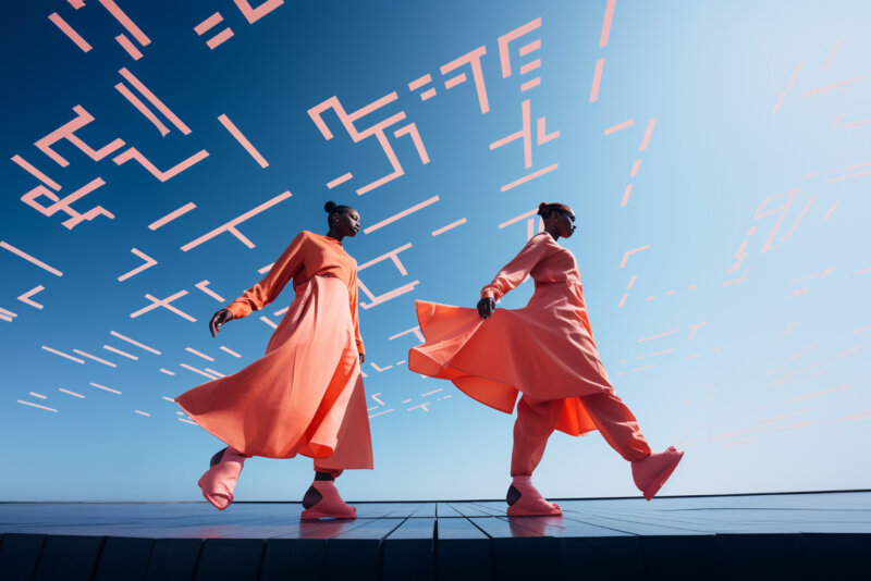 Zwei Personen in fließenden orangefarbenen Outfits spazieren unter einem blauen Himmel, der mit abstrakten, schwebenden geometrischen Formen geschmückt ist, und veranschaulichen Kreativität innerhalb der Grenzen eines klar definierten Verhaltenskodex.