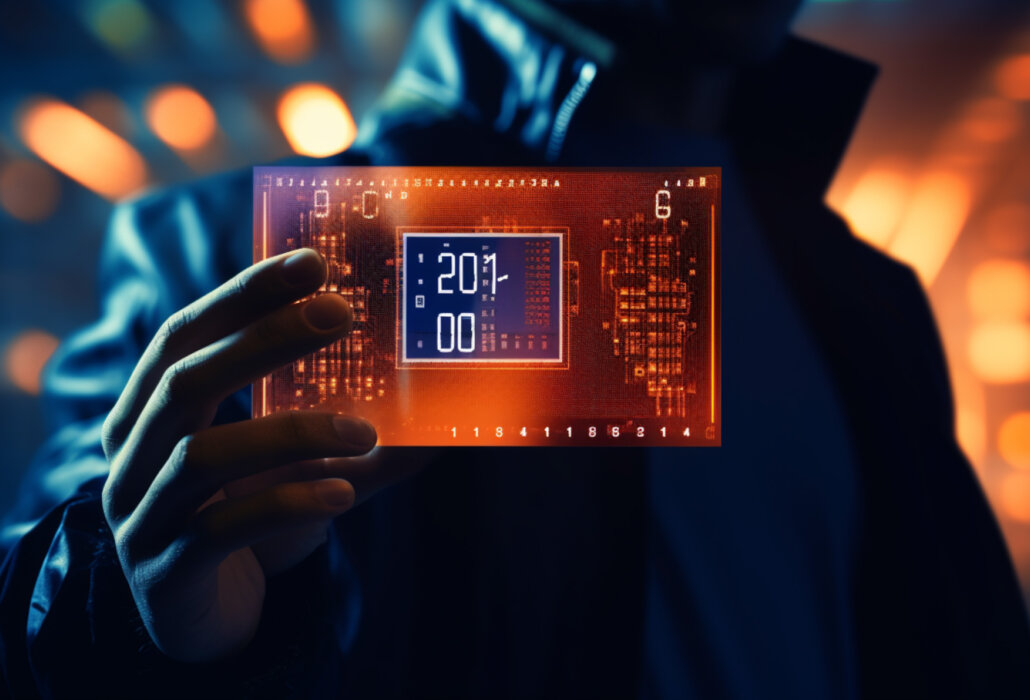 Eine Person im dunklen Mantel hält ein futuristisches, beleuchtetes digitales Gerät mit schaltkreisähnlichen Mustern und einem Display. Im Hintergrund sind verschwommen leuchtende Lichter zu sehen, die an komplexe Datenströme erinnern.