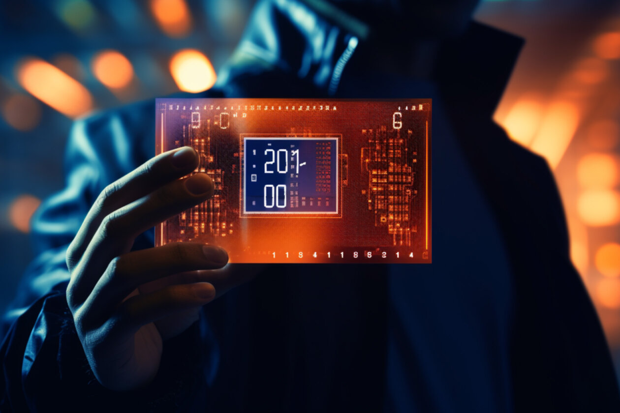 Eine Person im dunklen Mantel hält ein futuristisches, beleuchtetes digitales Gerät mit schaltkreisähnlichen Mustern und einem Display. Im Hintergrund sind verschwommen leuchtende Lichter zu sehen, die an komplexe Datenströme erinnern.