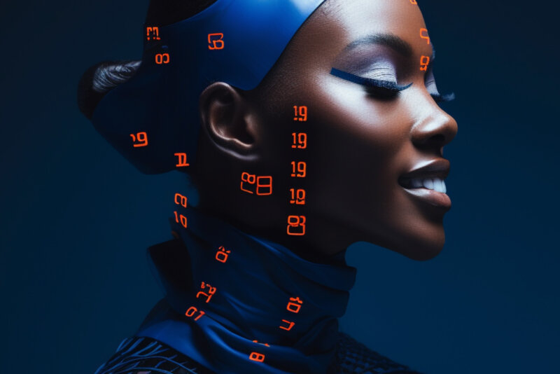 Seitenprofil einer Person mit dunkler Haut, futuristischer Kopfbedeckung und blauer Kleidung, beleuchtet von leuchtend orangefarbenen Symbolen und Zahlen, die an SEO-Code in einer digitalen Welt erinnern.