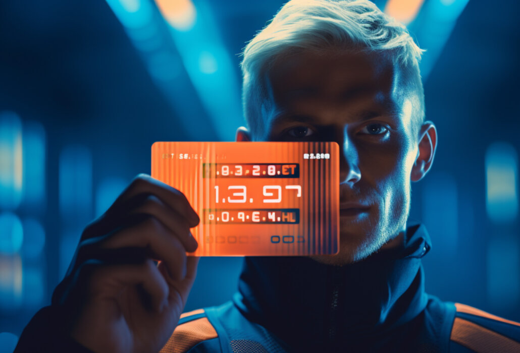 Das Bild zeigt eine Person, die eine futuristische Karte oder ein Display in der Hand hält. Die Karte zeigt verschiedene Kombinationen von Zahlen und Buchstaben, die möglicherweise technische oder wissenschaftliche Informationen darstellen. Die Umgebung hat eine futuristische, neonbeleuchtete Atmosphäre, die an ein Science-Fiction-Setting erinnert.