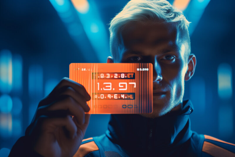 Das Bild zeigt eine Person, die eine futuristische Karte oder ein Display in der Hand hält. Die Karte zeigt verschiedene Kombinationen von Zahlen und Buchstaben, die möglicherweise technische oder wissenschaftliche Informationen darstellen. Die Umgebung hat eine futuristische, neonbeleuchtete Atmosphäre, die an ein Science-Fiction-Setting erinnert.
