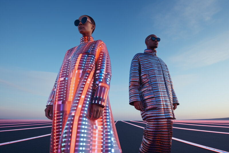 Zwei Personen in futuristischen, leuchtenden Outfits und Sonnenbrillen stehen auf einer geometrischen, neonbeleuchteten Oberfläche mit einem klaren Himmel im Hintergrund.