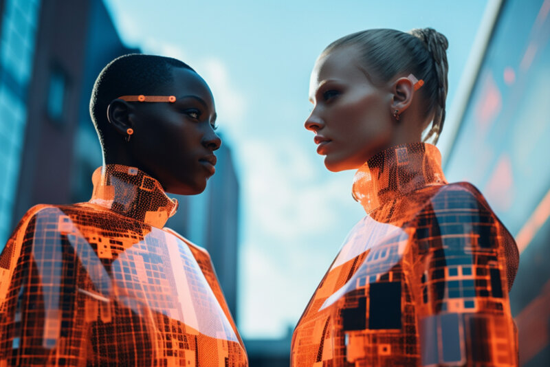 Zwei Individuen in futuristischen, orange leuchtenden und transparenten Hightech-Outfits stehen sich in einer urbanen Umgebung gegenüber.