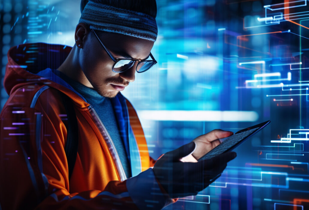 Eine Person in legerer Kleidung nutzt ein Tablet, umgeben von abstrakten digitalen Grafiken und einem futuristischen Hintergrund, der eine High-Tech-Umgebung suggeriert.
