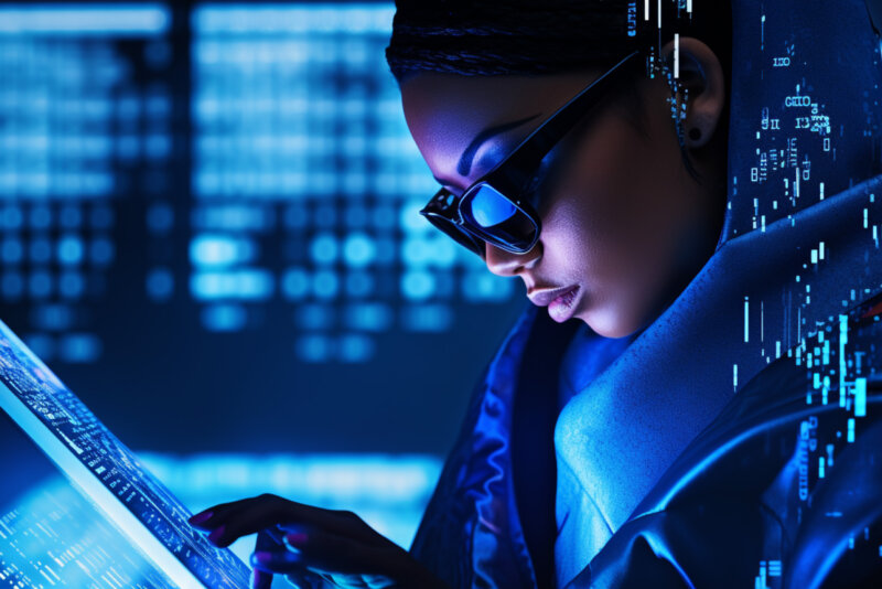 Eine Person mit Sonnenbrille und Kapuzenpullover nutzt ein Tablet mit digitalen Grafiken im Hintergrund und demonstriert damit ihre Expertise.