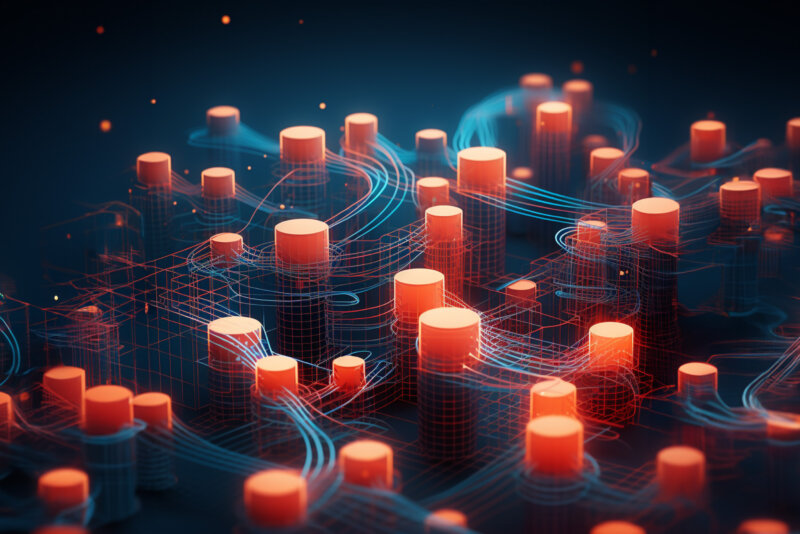 Ein 3D-Bild eines Netzwerks aus orangen Zylindern.