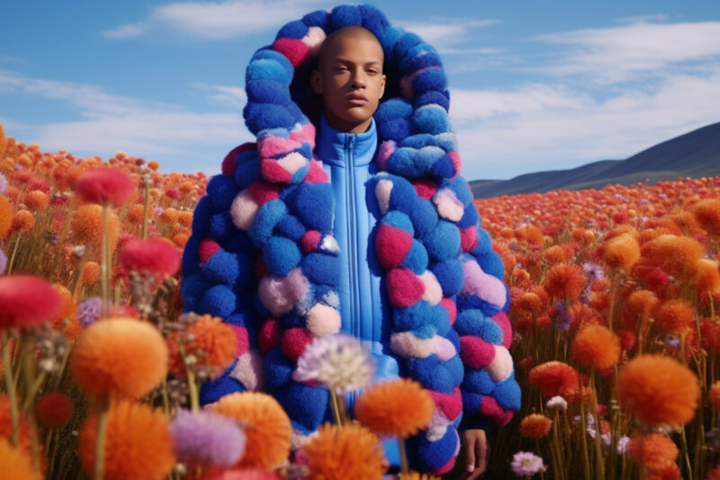 Ein schlanker Mann in einer Kapuzen-Wolljacke steht in einem orangenen Blumenfeld.