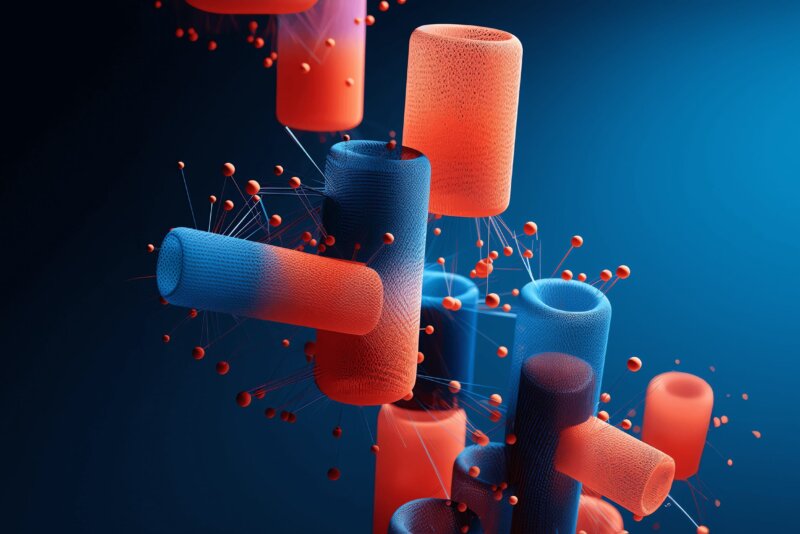 Ein 3D-Bild mit roten und blauen Zylindern, die miteinander vernetzt sind.