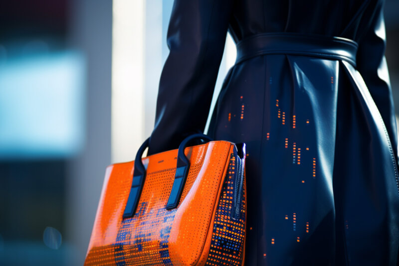 Eine Frau in einem dunkelblauen Mantel hält eine orangefarbene Tasche mit einem digitalen Motiv.