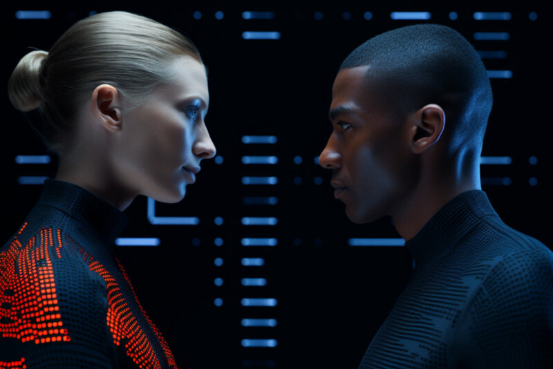 Eine Frau und ein Mann in einem futuristischen Outfit stehen vor einer digitalen Wand und schauen sich an.