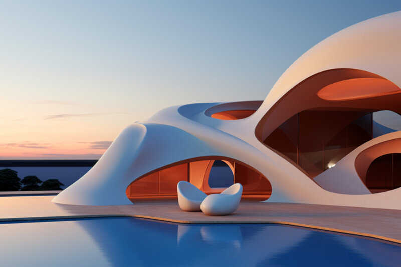 Futuristisches Metaverse-Haus mit Pool im Vordergrund bei einem Sonnenuntergang.