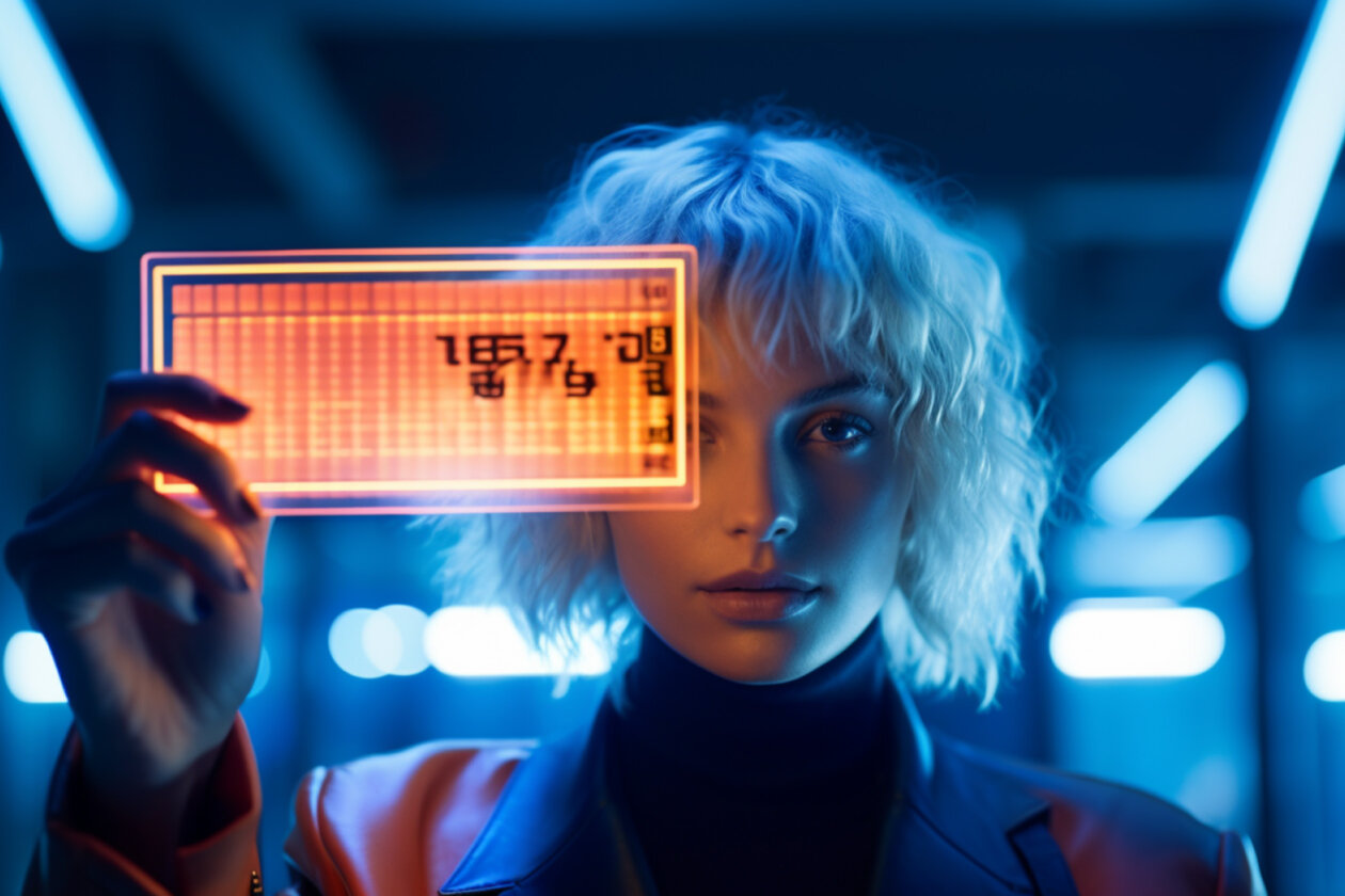Das Bild zeigt eine Person mit blonden Haaren in einem futuristischen Umfeld. Die Person hält eine leuchtende, orangefarbene, rechteckige Anzeige vor ihr Gesicht. Die Umgebung ist in blauen Farbtönen gehalten.